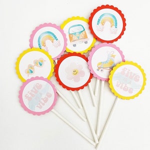 12 Groovy Vibe Cupcake Toppers, Watercolor, Party Decor, Retro, 70s Theme, Rainbow, Bus, Vibe, Groovy Toppers, Party Picks