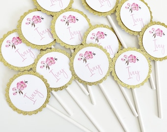 12 Pink Peonies Name Cupcake Toppers, Gold Theme, Girl Toppers, Girl Baby Shower, Gender Reveal, Gold Toppers, Glitter Gold, It's a Girl