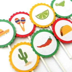 12 Fiesta Cupcake Toppers, Birthday Party, Taco Toppers, Mardi Gras, Fiesta First Birthday, Cake Toppers, Fiesta Shower