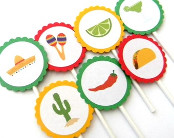 12 Fiesta Cupcake Toppers, Birthday Party, Taco Toppers, Mardi Gras, Fiesta First Birthday, Cake Toppers, Fiesta Shower