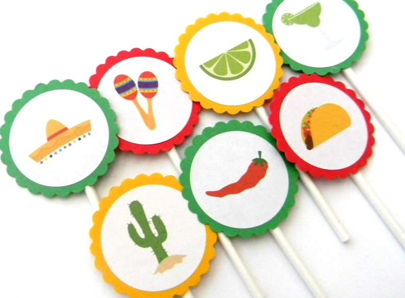 Cake Toppers Birthday Party 12 Fiesta Cupcake Toppers Taco Toppers Mardi Gras Fiesta First Birthday Fiesta Shower