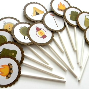 12 Camping Cupcake Toppers, Camping Theme, First Birthday, Outdoor Birthday, Campfire, Camping Birthday, Tent Toppers, Tribal Shower image 1