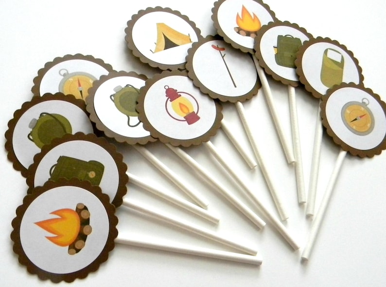 12 Camping Cupcake Toppers, Camping Theme, First Birthday, Outdoor Birthday, Campfire, Camping Birthday, Tent Toppers, Tribal Shower image 1