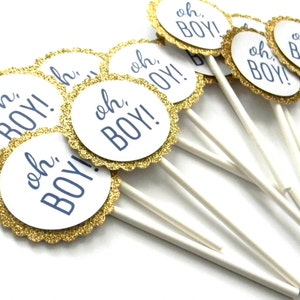 12 Gold Oh Boy Cupcake Toppers, Gold Theme, Boy Toppers, Boy Baby Shower, Gender Reveal, Gold Toppers, Glitter Gold, It&#39;s a Boy