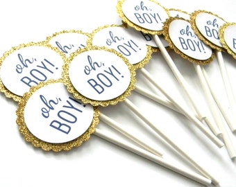 12 Gold Oh Boy Cupcake Toppers, Gold Theme, Boy Toppers, Boy Baby Shower, Gender Reveal, Gold Toppers, Glitter Gold, It's a Boy