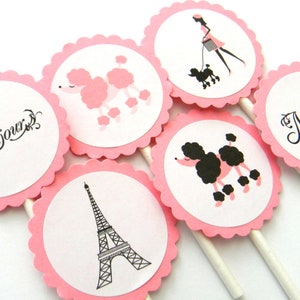 12 Paris Cupcake Toppers, Paris Birthday, Baby Shower, Paris Theme, Eiffel Tower, Pink Poodle, Paris Party, French Theme, Bonjour, Bridal