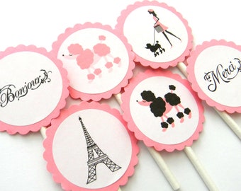 12 Paris Cupcake Toppers, Paris Birthday, Baby Shower, Paris Theme, Eiffel Tower, Pink Poodle, Paris Party, French Theme, Bonjour, Bridal