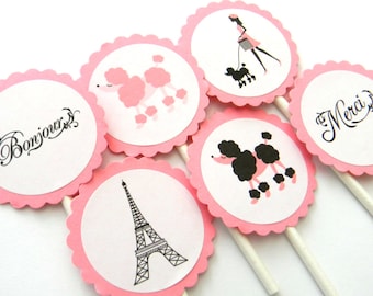 12 adornos para cupcakes de París, cumpleaños de París, baby shower, temática de París, Torre Eiffel, caniche rosa, fiesta de París, temática francesa, Bonjour, despedida de soltera