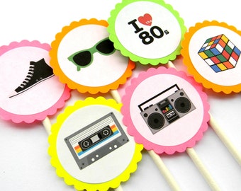 12 Neon 80s Cupcake Toppers, 80s Theme, Awesome 80s, Neon Birthday, Dirty Thirty, Old School, 80s Party, 80s Toppers, Neon Party, Boom Box