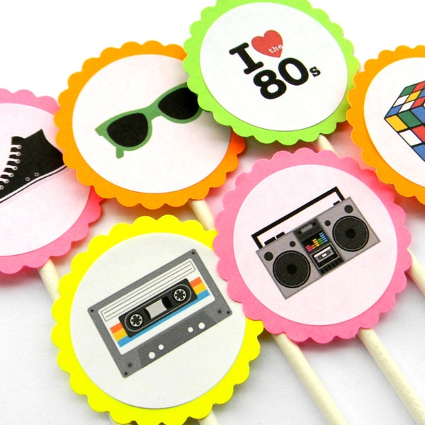 12 Neon 80s Cupcake Toppers, 80s Theme, Awesome 80s, Neon Birthday, Dirty Thirty, Old School, 80s Party, 80s Toppers, Neon Party, Boom Box