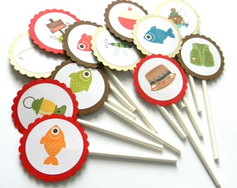 12 Angeln Cupcake Toppers, Angeln Thema, Angeln gegangen, erster Geburtstag, Reel Fun, Angeln Geburtstag, Fisch Thema, Camping, Camping Thema