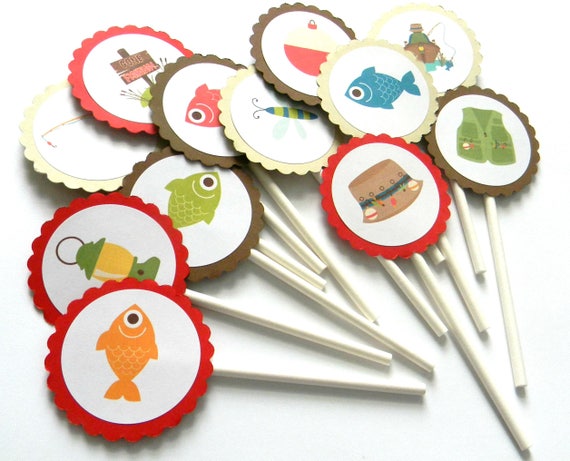 12 Fishing Cupcake Toppers, Fishing Theme, Gone Fishing, First Birthday, Reel Fun, Fishing Birthday, Fish Theme, Camping, Camping Theme Il_570xn
