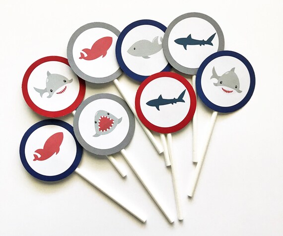 12 Shark Cupcake Toppers, Baby Sharks, Shark Birthday, Summer Party, Party, Summer Birthday, Shark Party, Shark Attack, Boy Birthday, Sharks Il_570xn