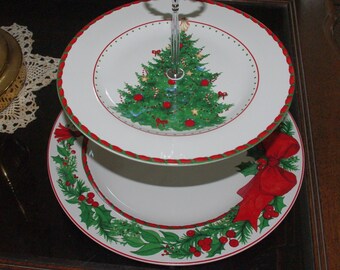 CHRISTMAS CAKESTAND  2-Tier Server Sakura Stoneware Holiday Cake Stand for Entertaining or Gift for Hostess or Gift for Her