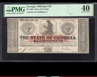 1862 GA 5 Dollar Note - MILLEDGEVILLE Georgia Five Dollar Bank Note - PMG 40 25699 - Authentic