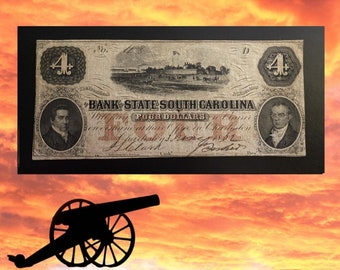 1861 SC 4 Dollar Bill CHARLESTON - Very Low Nos - RARE Confederate Four Dollar Bill - Civil War Memorabilia - Authentic