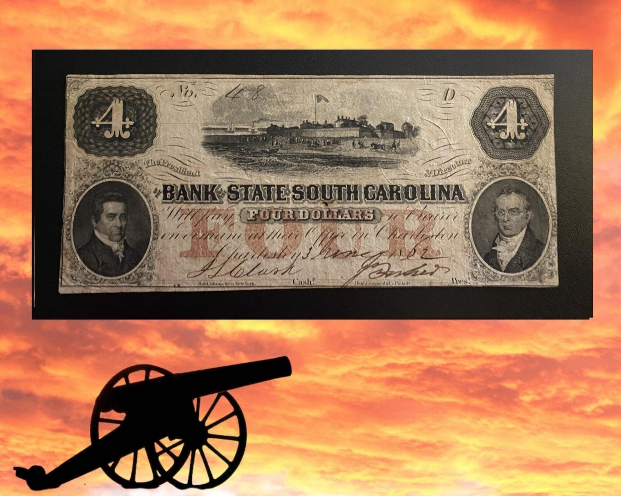 1861 CSA Currency 4 Dollar Bill Charleton SC Very Low Nos RARE Confederate Four Dollar