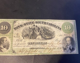1861 SC 10 Dollar Bank Note - CHARLESTON - Rare Ten Dollar Bill - Civil War Currency - Authentic.