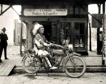PHOTO of INDIAN MOTORCYCLE  with American Indian Chief as Rider 10x8 Framed or Unframed