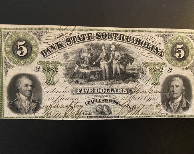 1861 SC 5 Dollar Bank Note CHARLESTON Sweet Potato Dinner Rare South Carolina Five Dollar Bill Gift for Collector or Him