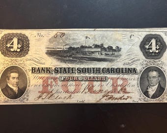 1861 SC Four Dollar Bank Note  mSouth Carolina Civil War Era Obsolete Currency Rare Low Number #50