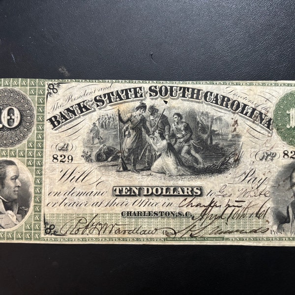 1861 SC 10 Dollar Bank Note CHARLESTON Rare South Carolina Ten Dollar Bill Obsolete Currency Authentic Gift for Collector