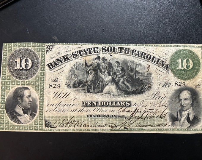 1861 SC 10 Dollar Bank Note CHARLESTON Rare South Carolina Ten Dollar Bill Obsolete Currency Authentic Gift for Collector