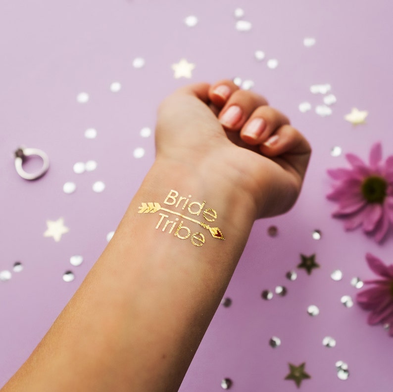 Bridesmaid Wedding Tattoo Hen Bridal Party Gift Flash Tattoo Bachelorette Party Favors 2 PACK Bride Tribe Metallic Temporary Tattoo