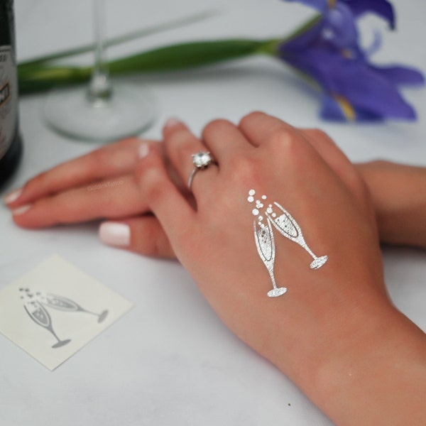 PACK de 2 Champagne métallique tatouage temporaire | Faveur de partie de Bachelorette | Tatouage mariage demoiselle d’honneur | Flash Tattoo | Cadeau de fête nuptiale poule