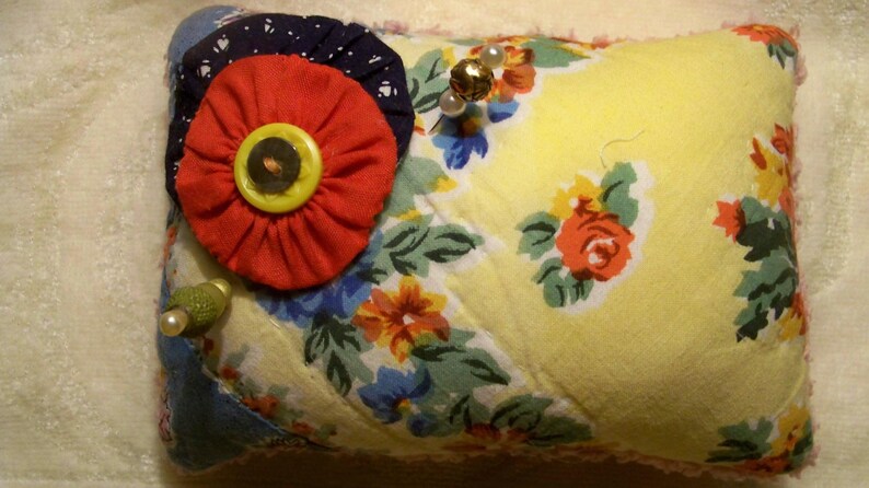 Mandevilla-Remnants Of The Past Series Up-Cycled Pin Cushion Made From A Re-Purposed Vintage Quilt Embellished With Buttons And Pins-47
