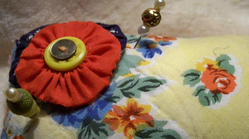 Mandevilla-Remnants Of The Past Series Up-Cycled Pin Cushion Made From A Re-Purposed Vintage Quilt Embellished With Buttons And Pins-47