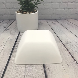 May include: A white ceramic pedestal with a rounded top, perfect for displaying small plants or other decorative items. The pedestal is sitting on a light wood surface.