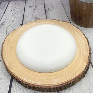 May include: A white round ceramic plate on a wooden slice with a bark edge.