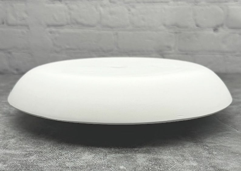 May include: A white ceramic round plate with a slightly raised edge. The plate is smooth and has a matte finish.