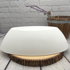 May include: White ceramic oval-shaped bowl with a wide rim, sitting on a wooden slice. The bowl is smooth and has a matte finish.