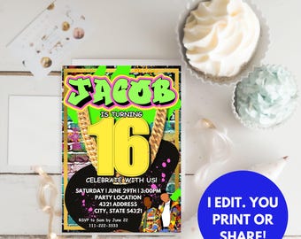 フレッシュ・プリンス招待状、90年代パーティー、90年代誕生日パーティー、フレッシュ・プリンスパーティー、デジタル招待状