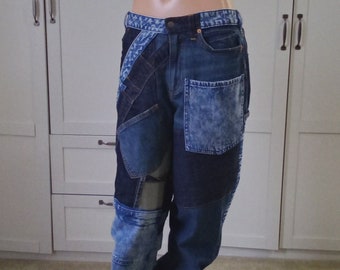 Upcycled Denim Patchworkwork Jeans Boyfriend Style Relaxed Fit Women Size 14