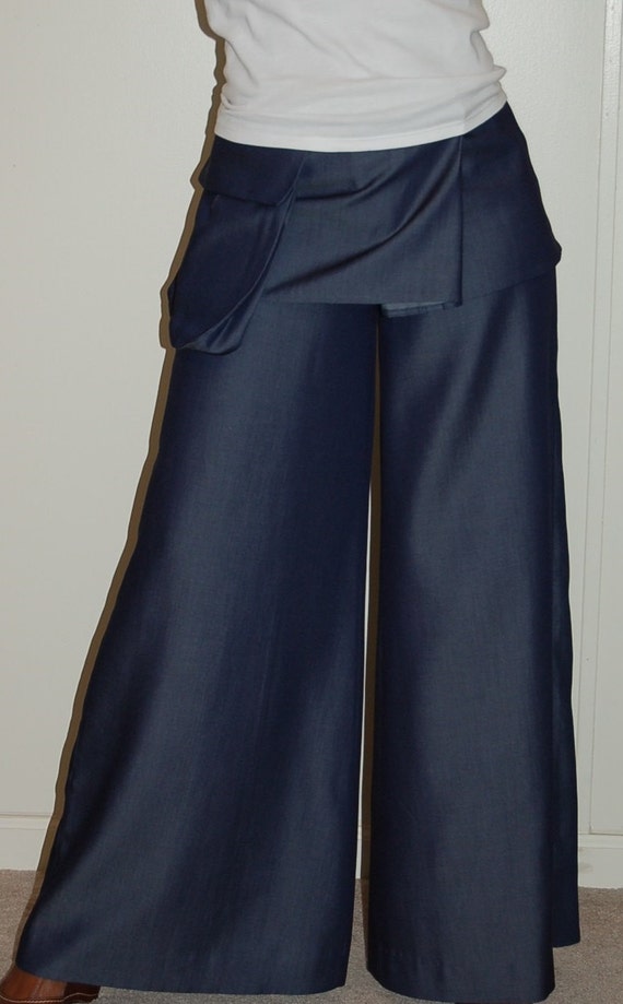 Denim Wide Leg Pant With Detachable Wrap Mini Skirt and Pocket - Etsy