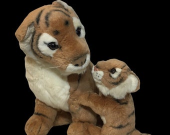 Vintage Fiesta Mother Tiger & Baby Cub Plush Cats Orange Brown Stuffed Animals