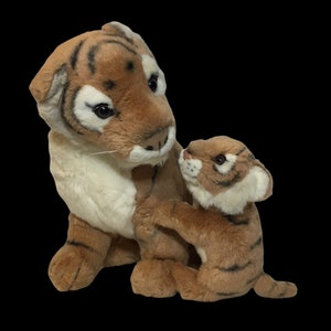 Vintage Fiesta Mother Tiger & Baby Cub Plush Cats Orange Brown Stuffed Animals 画像 1