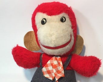 RARE Vintage Monkey Red Plush Chimp Stuffed Ape Animal Toy Gingham Tie 14"
