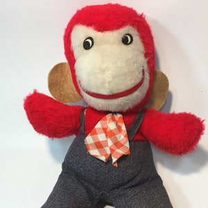 RARE Vintage Monkey Red Plush Chimp Stuffed Ape Animal Toy Gingham Tie 14&quot;