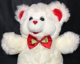 RARE Vintage Teddy Bear Plush Red Satin Hearts Bowtie Stuffed Animal Toy 16"