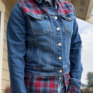 Upcycled Denim Jacket Women’s Large, Flannel Patchwork Jacket, Lace Detail, One of a Kind Handmade Denim Jacket