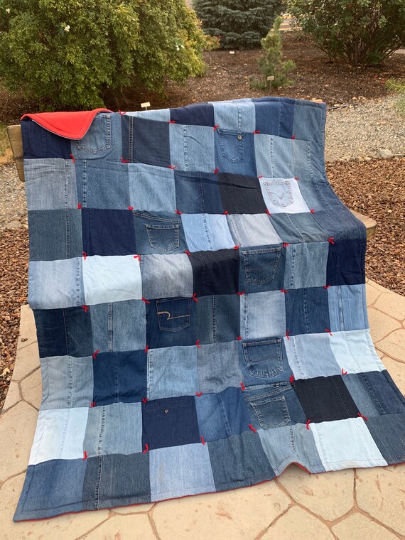 Cozy Denim and Fleece Throw Quilts Large With Pockets | Etsy