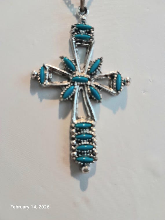 Turquoise Silvertone Cross ND 504 - image 3
