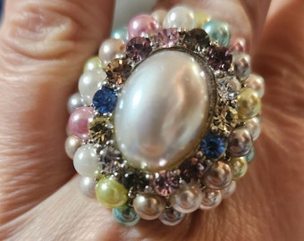 Victorian retro Vintage new faux pastel cz and pearl stretch ring 8+