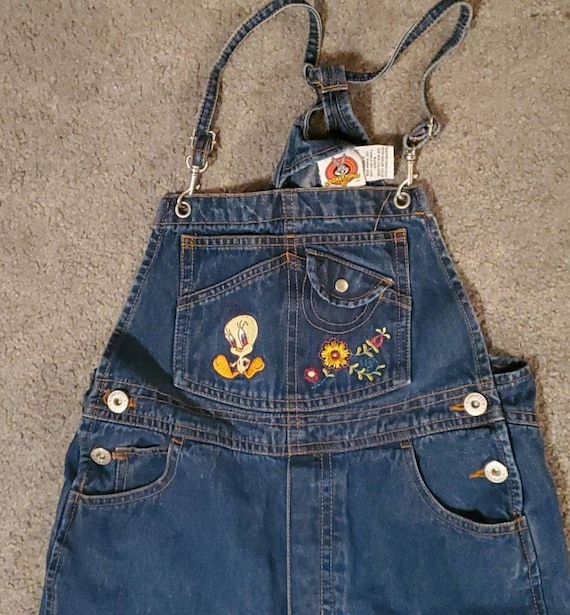 Vintage embroidered Tweety overall bibs girls 7/8… - image 1