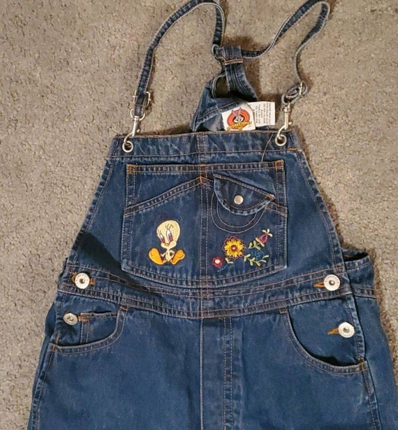 Vintage embroidered Tweety overall bibs girls 7/8 War… Gem
