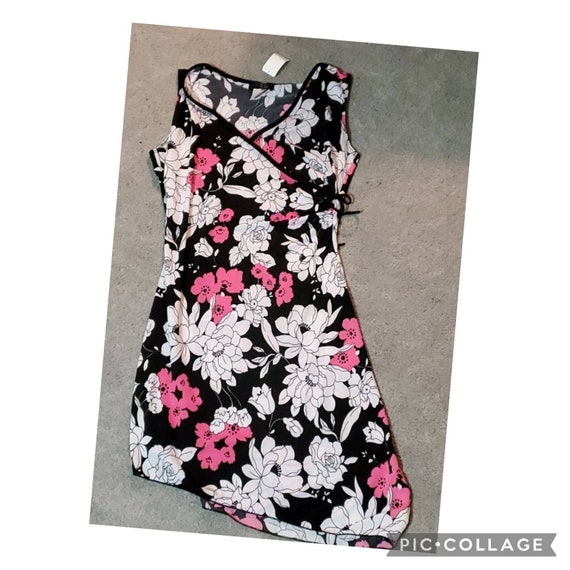 New vintage medium floral dress. Black hot pink w… - image 1